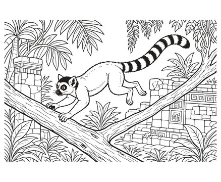 Coloring page featuring a cute lemur in a jungle with ancient ruins.