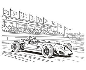 Fototapeta premium Vintage formula one race car on track coloring page for kids and adults.