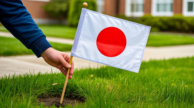 Japanese flag displayed in a green residential garden with a house in the background