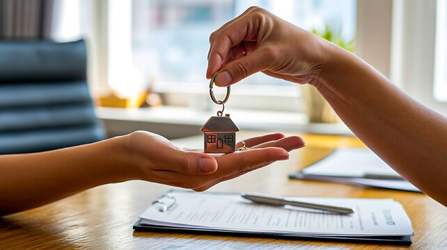 Hands exchanging house keys above real estate documents during a property transaction