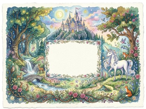 Unicorn stands in a magical forest next to a blank white frame with a fairy tale castle in the background.