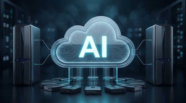 Glowing digital cloud network icon representing artificial intelligence data processing between two large server towers in a dark modern data center environment for cloud computing concept