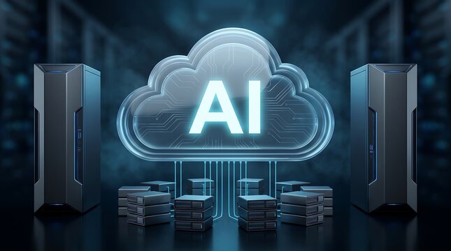 Glowing digital cloud network icon representing artificial intelligence data processing between two large server towers in a dark modern data center environment for cloud computing concept