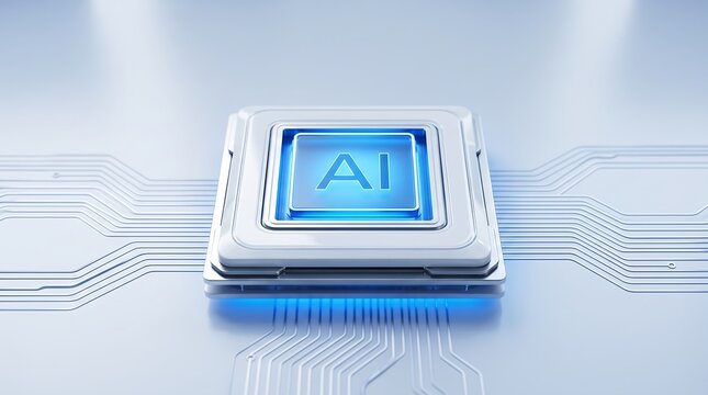 Advanced microchip featuring processor label with complex circuitry pathways radiating outward on a clean high-tech blue background representing modern computing innovation