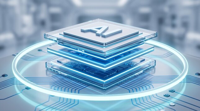 Futuristic central processing unit featuring glowing letters on top of layered silicon chips with integrated circuit board patterns for advanced machine learning and technology concepts
