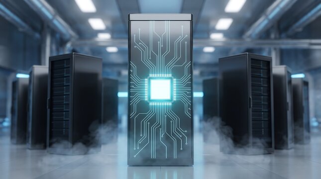 Data center server rack with glowing central processing unit and digital circuit patterns emerging from cloud of cooling vapor for enterprise level cloud storage and infrastructure management