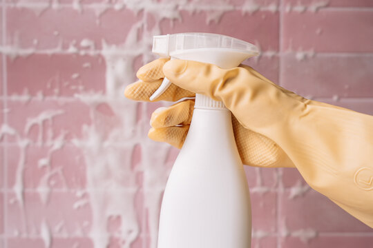 Close view of gloved hand holding a white cleaning spray bottle against foamy pink tiles.