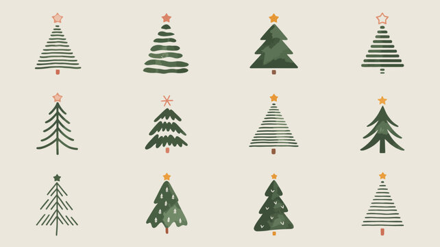 Set of handdrawn christmas trees with stars, festive holiday icons for seasonal design, minimalist evergreen tree illustrations in various artistic styles