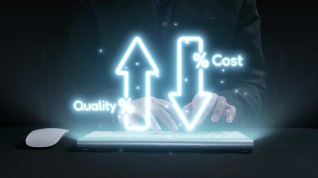 A businessperson demonstrates the interplay between quality and cost using technology, highlighting key metrics for success in a modern digital workspace environment. Qubit