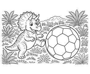 Cute triceratops playing soccer coloring page for children. © LineVista