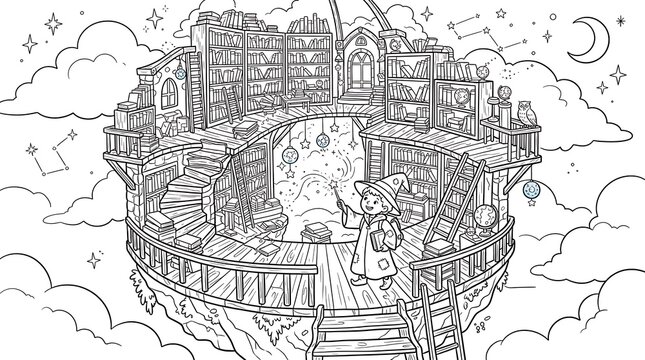 A coloring page showing a young wizard inside a magical circular library floating in the clouds with bookshelves, ladders, and globes