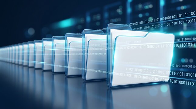 Sequence of glowing digital folders with binary code streams representing organized data storage cloud infrastructure and information technology systems in a dark virtual space