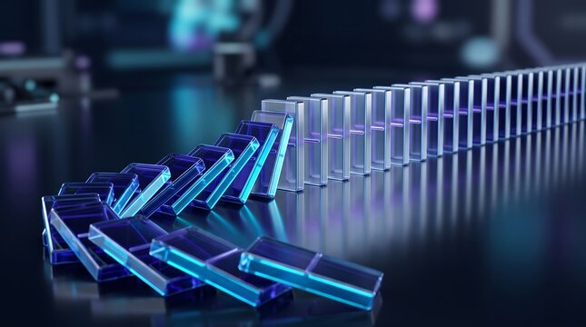 Glass dominoes falling in sequence on dark reflective surface representing business risk management and chain reaction failure in a modern high-end studio 3D rendered composition