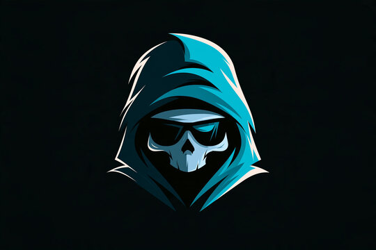Hooded skull sunglasses blue cloak digital art hacker style dark background mysterious modern graphic intimidating cool cyber illustration shadow anonymity mask edgy bold stylized urban night