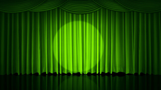 A green curtain hung on the theater stage, with spotlights shining on it.