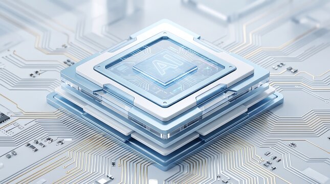 Advanced microchip processor with futuristic circuit board design representing artificial intelligence technology and high performance computing power in a clean bright digital environment render