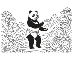 Kung fu panda performing martial arts in a chinese landscape outline drawing. © LineVista