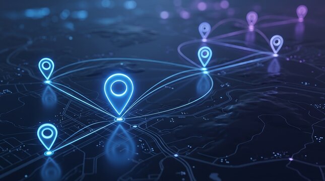Three dimensional digital map interface with multiple blue location pins and interconnected network paths illustrating international business expansion and logistics tracking systems
