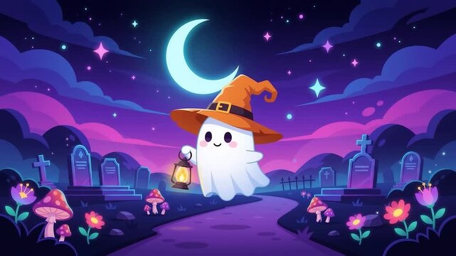 Little ghost wearing witch hat holding lantern in cemetery animation