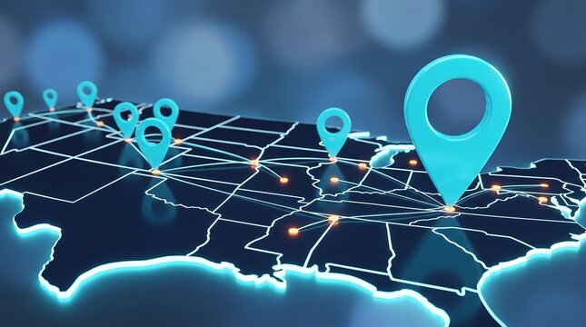 United States map with glowing location markers and connected network lines signifying domestic logistics distribution and nationwide business operations and tracking technology