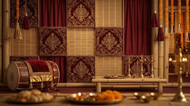 Bamboo structure stage with patterned maroon velvet panels and traditional double-headed dholak drum decoration.
