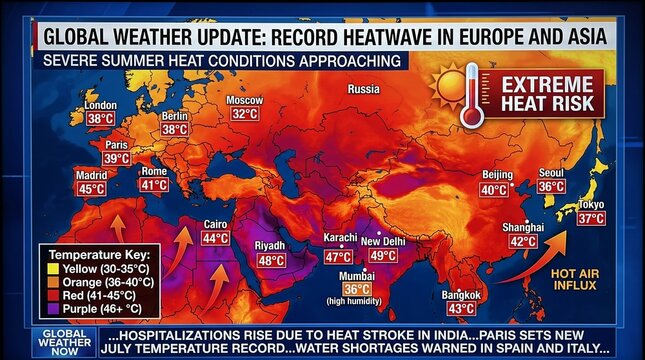 Heat wave shown on weather map highlights record temperatures in Europe and Asia, indicating severe summer heat conditions approaching