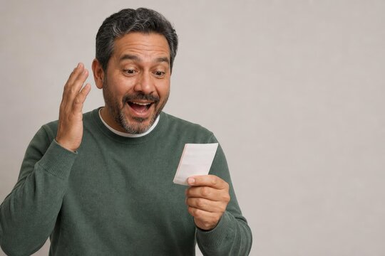 Surprised middle aged man reading note with raised hand against neutral background