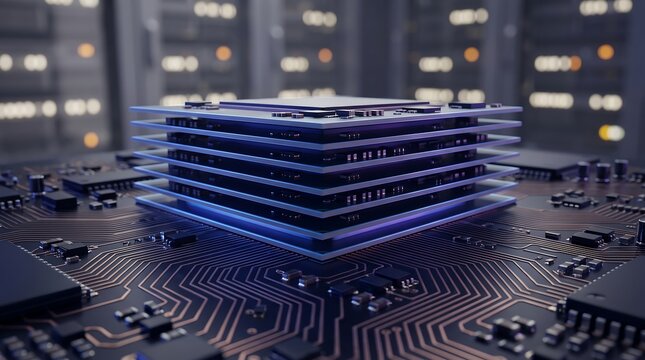 Close up of advanced multi layered computer processor chip on dark circuit board inside server room representing high performance computing technology and future hardware development concepts