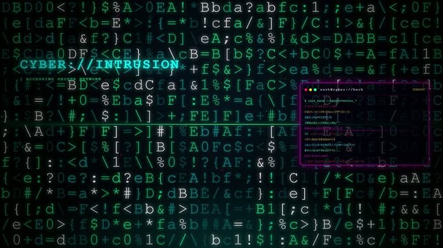 Digital hacking concept with scrolling green computer code and cyber intrusion warning on black background