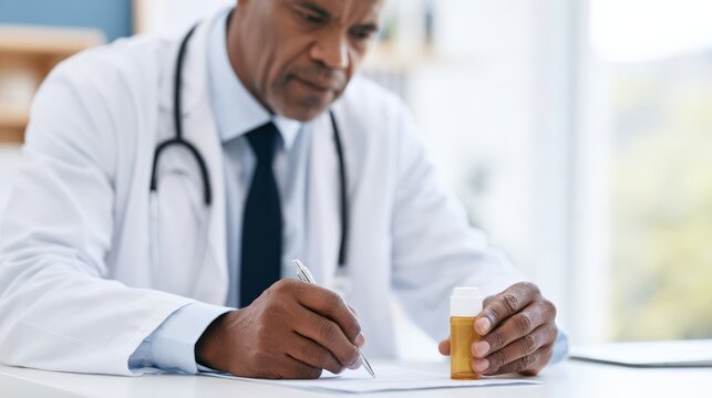 Black male physician in white coat writing beside medicine bottle at desk in clinic