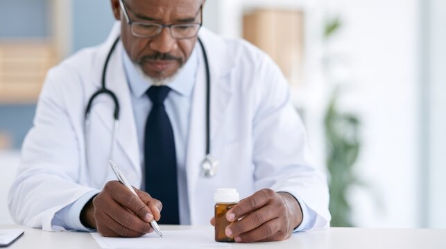 Black male physician in white coat holding medicine bottle at consultation desk