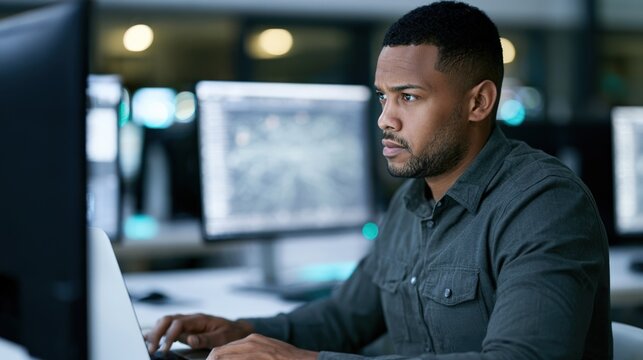 Focused Man in Charcoal Shirt Working at Laptop in Modern Control Room