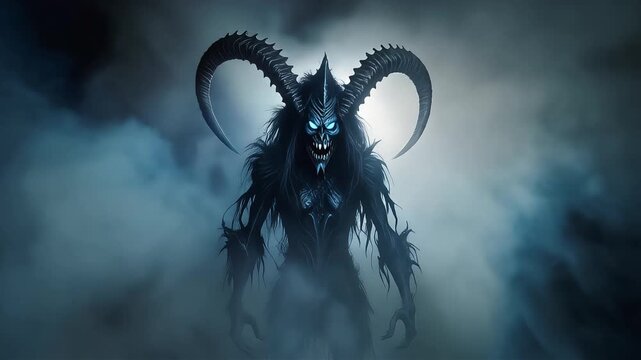 Horned demon creature standing in dark misty fog emerges with glowing blue eyes in this haunting fantasy horror motion video