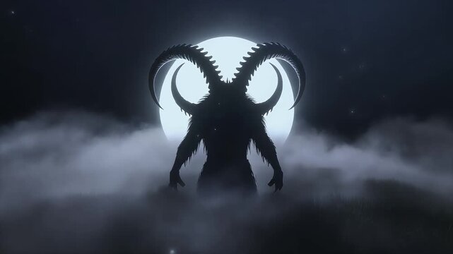 Horned dark demon silhouette standing amidst thick swirling mist before a glowing full moon in this dark fantasy video animation
