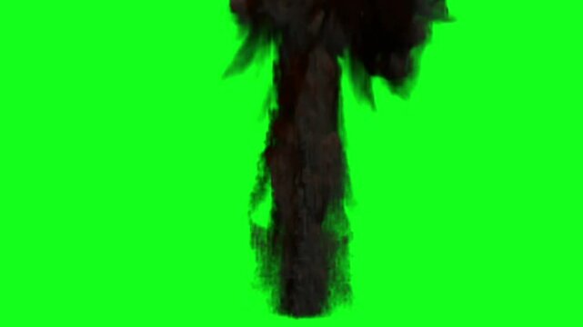 Thick column of dark black smoke rising straight upwards over a keyable chroma key green screen background