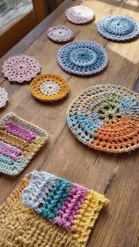 Crochet samples and colorful yarn flat lay