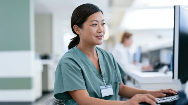 Asian female healthcare worker in green scrubs using computer at medical workstation