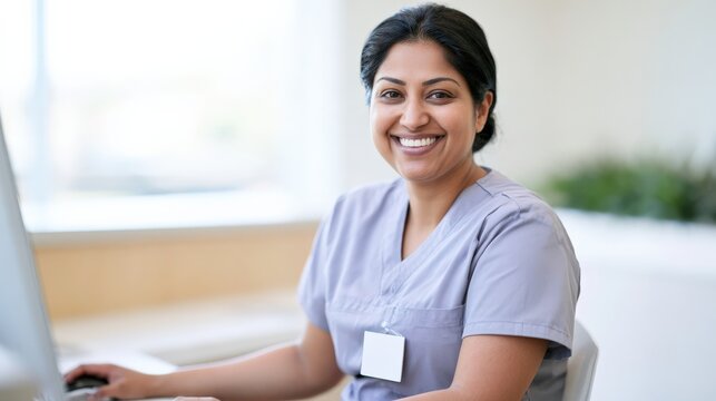 Smiling South Asian healthcare professional in lavender scrubs at clinic workstation
