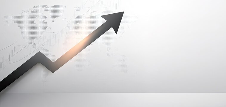 A dark arrow points upwards, superimposed on a world map and financial charts