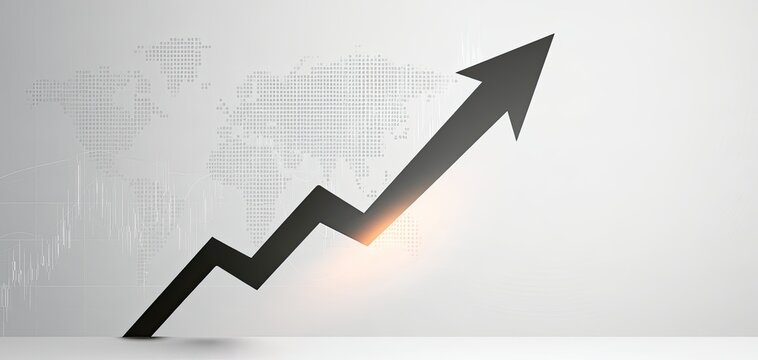 A rising black arrow chart overlaying a faint world map with financial data
