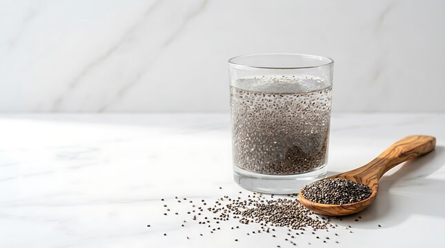 Superfood chia seed gel drink in clear glass on a white marble surface with a wooden spoon holding dry seeds to promote weight loss and digestive health.