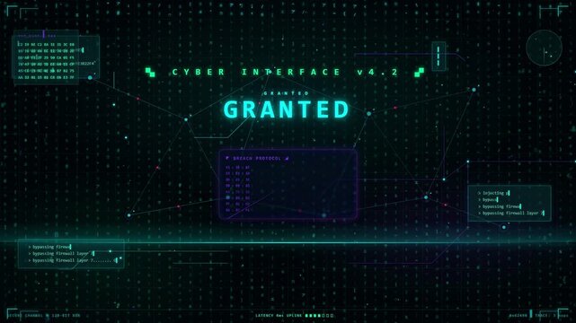 Futuristic digital cyber interface screen showing access granted notification with scrolling data and hud elements