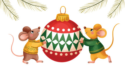 Obraz premium Two cute cartoon mice wearing sweaters holding a large red and green christmas ornament