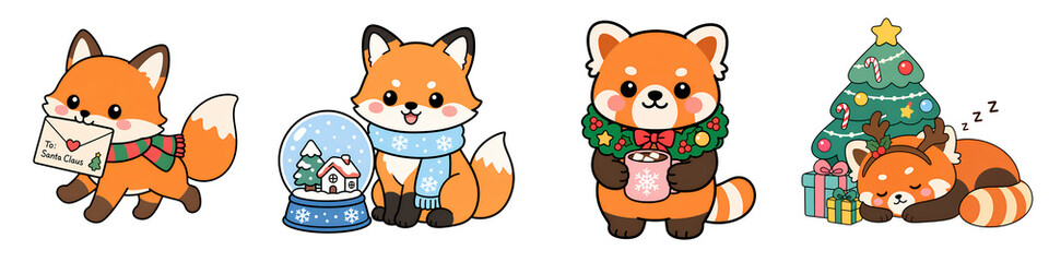 Fototapeta premium Cute fox christmas winter snow red panda holiday gift coffee tree letter animal cartoon character illustration kawaii cozy scarf sweater snow