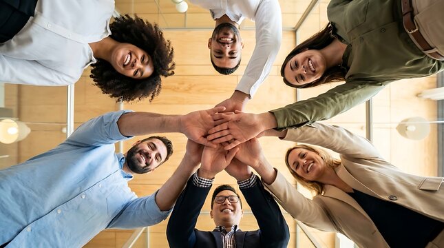 Diverse team of business people stacking hands in unity, celebrating success together, close-up low angle view.