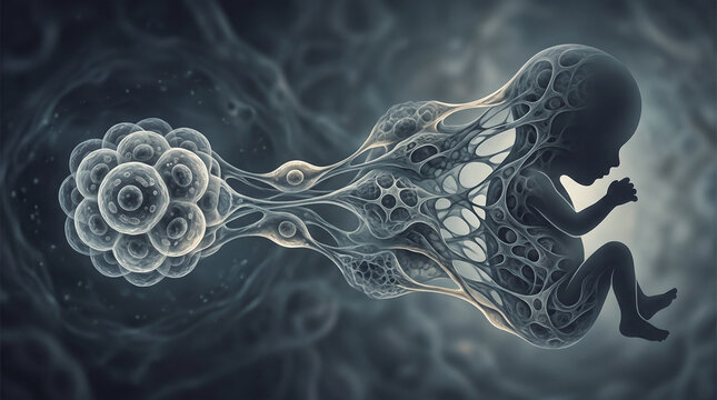 Conceptual illustration of human embryonic development showing the transition from blastocyst cell division to a growing fetus