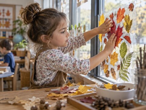 Little Girl Creating Autumn Leaf Art on a Window in a Montessori Classroom Setting for Creative Early Childhood Education and Nature Based Learning