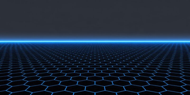 Futuristic hexagonal grid receding into a glowing blue horizon