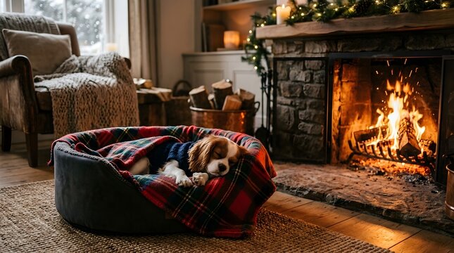 Cozy Dog Sleeps in Plaid Bed by Warm Fireplace During Winter