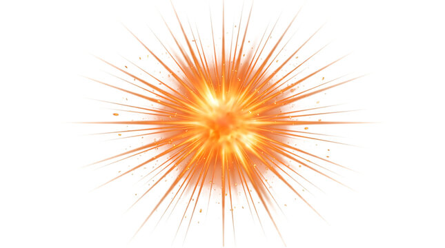 Fiery orange explosion with sharp light rays, bright fire blast effect, dynamic sunburst spark element for creative design isolated PNG with Transparent Background